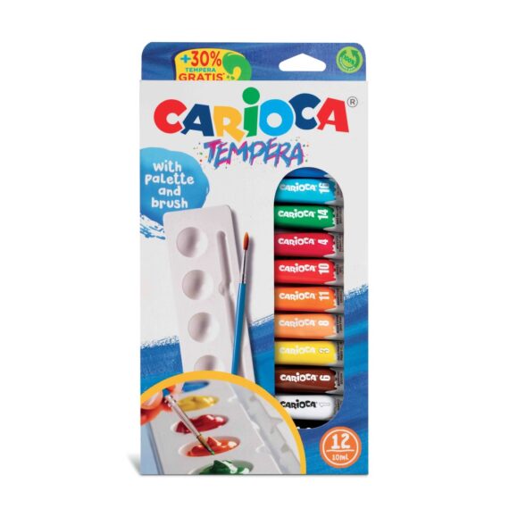 Acuarele tempera Carioca 12 culori 10 ml cu tăviță și pensulă